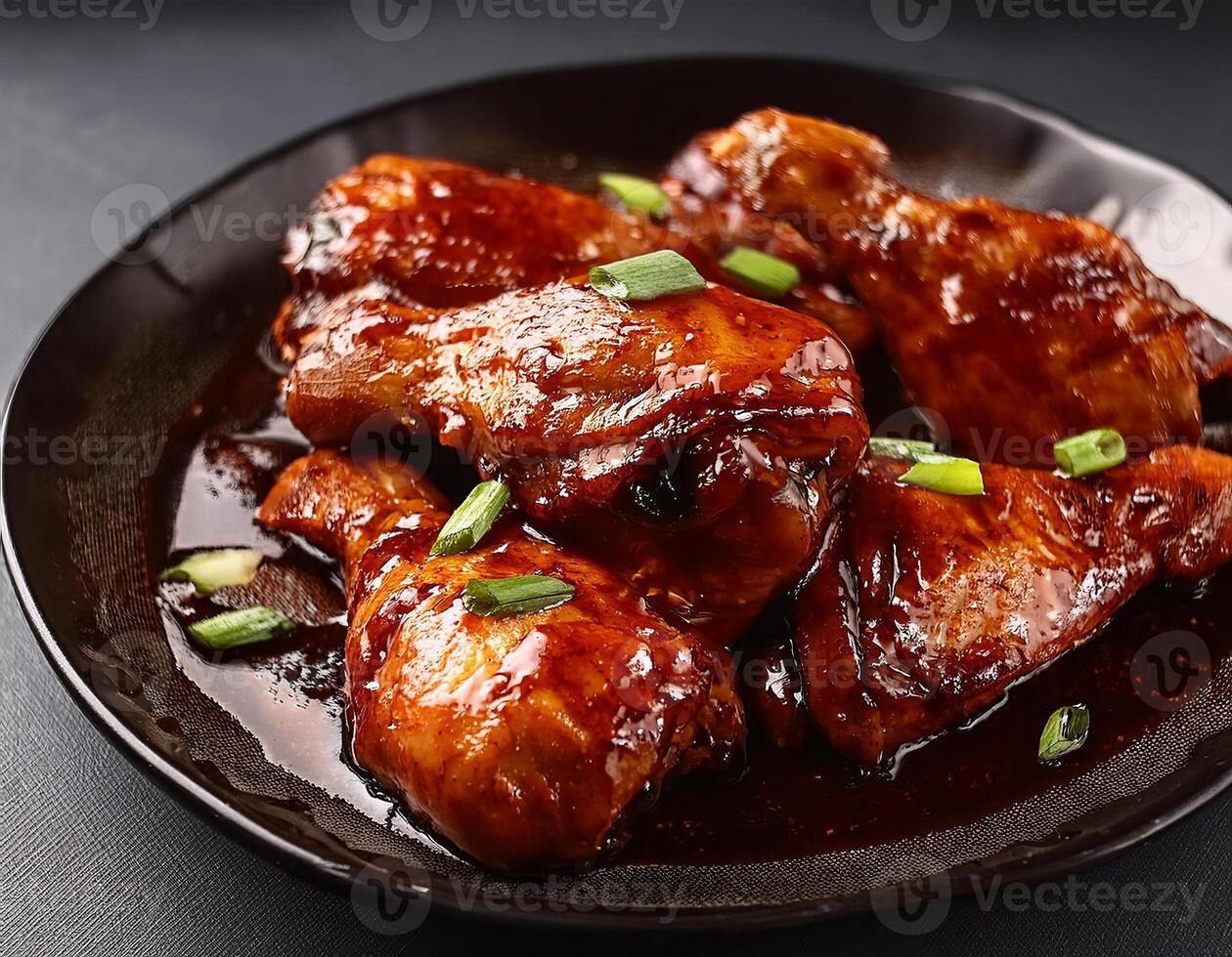 Chicken thighs marinated and cooked in adobo sauce. National filipino dish. photo