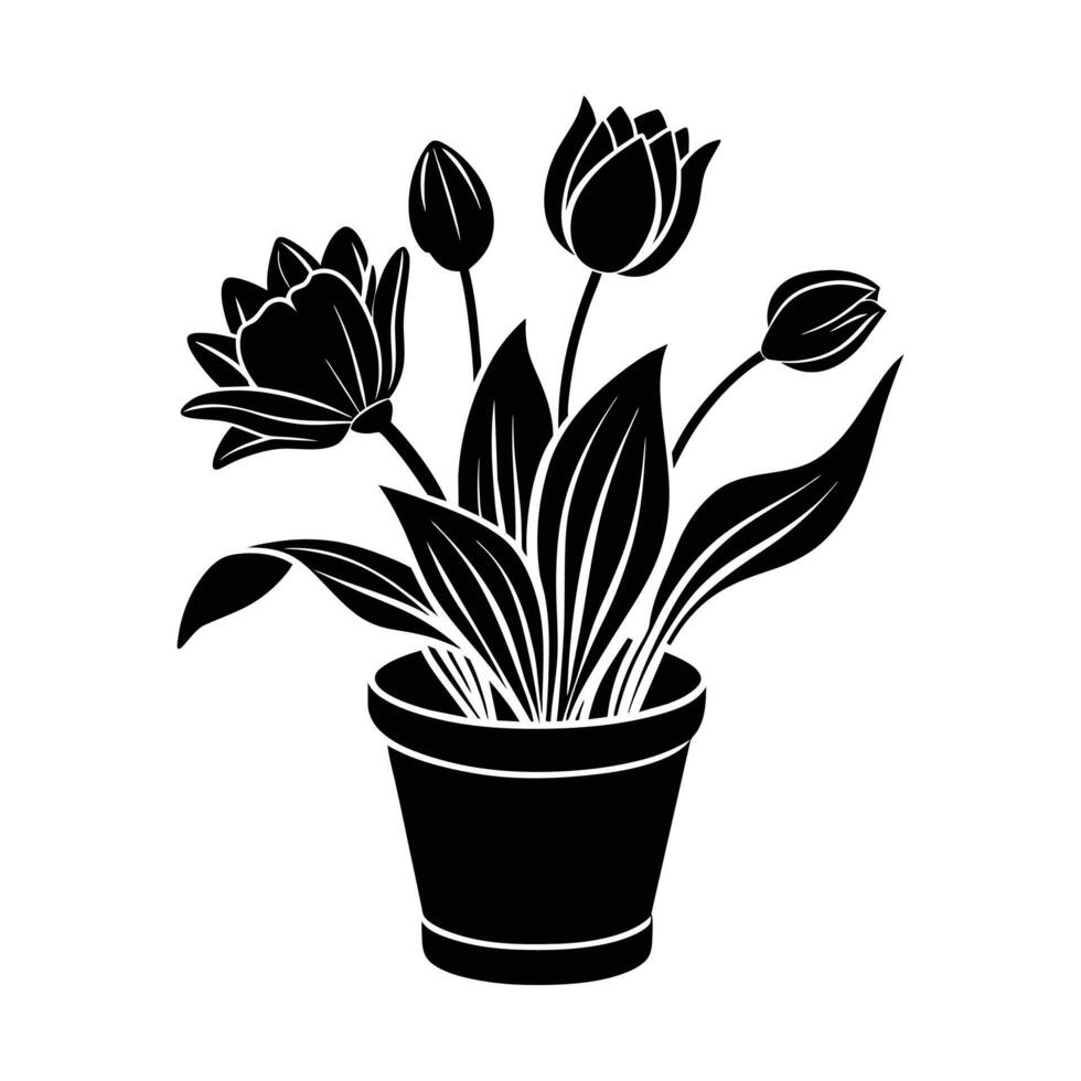 A Cute Tulip in a pot silhouettes vector