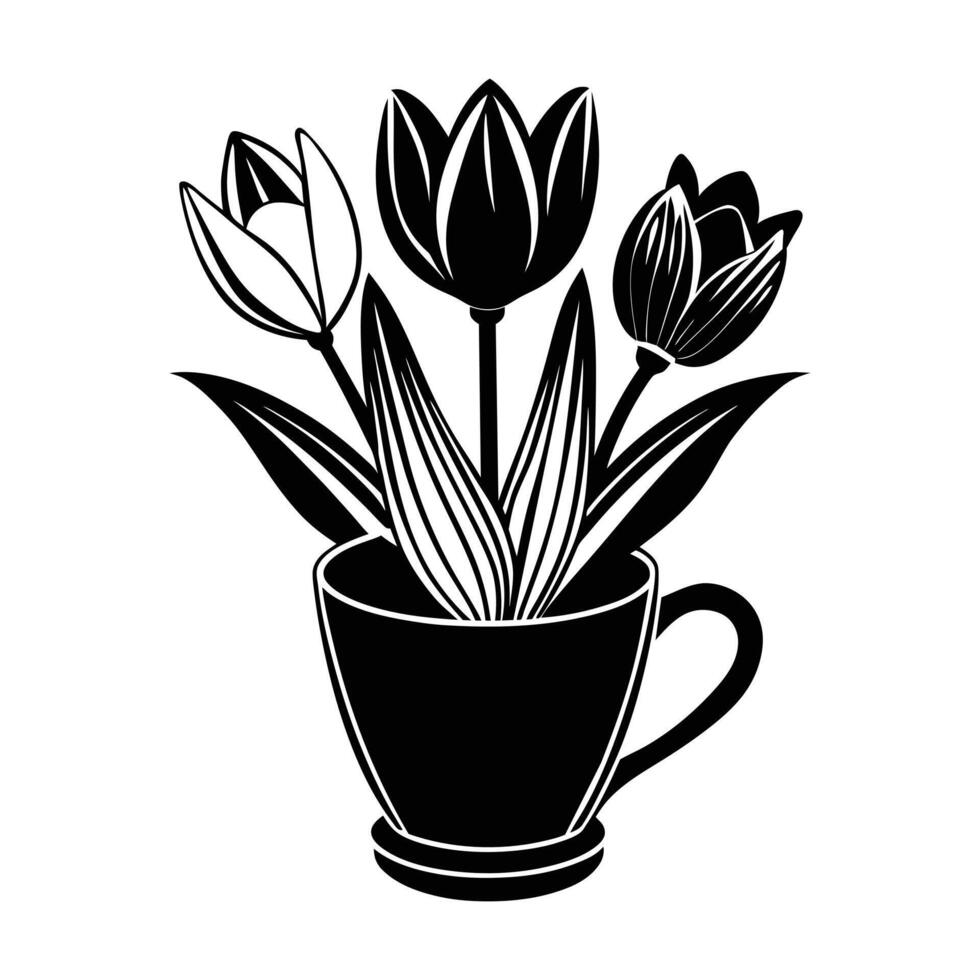 A Cute Tulip with flowers in a pot silhouette vector