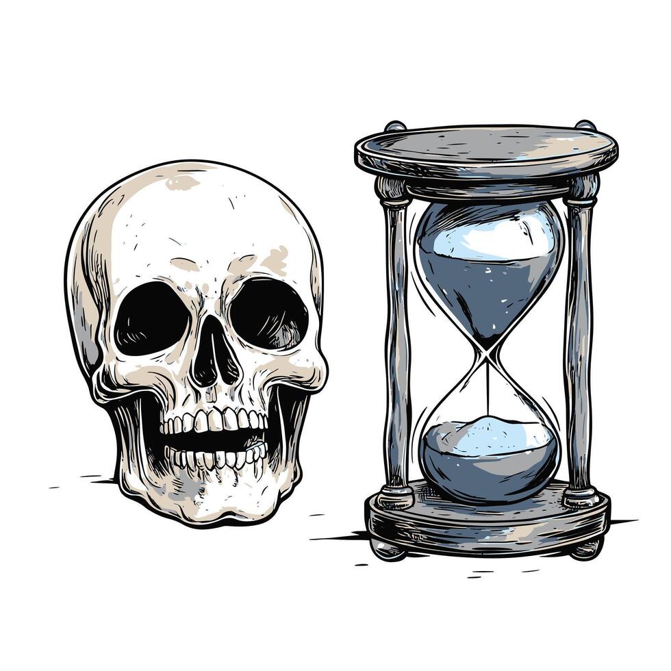 A skull beside an hourglass vector