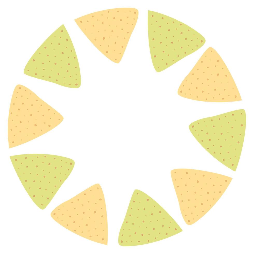 Spinach and corn nachos Abstract round frame Copy space Lettering template Nachos Day greeting idea Isolated illustration Cards, poster, leaflet, price tag, label, banner, promo or web concept vector