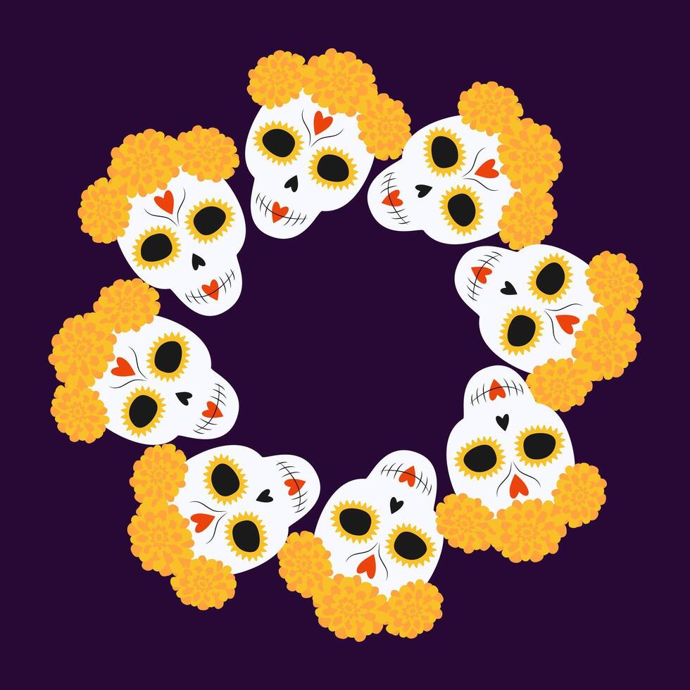 Decorative Sugar Skulls in flower wreath Circle frame. Day of the dead lettering or cards template. Isolated. Copy space. illustration Greeting, poster, banner, brochure or web, promo, leaflet vector