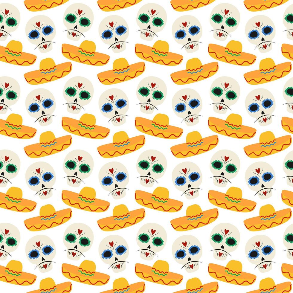 Decorative Sugar skulls with mustache and sombrero Seamless pattern Day of the dead background idea. illustration Isolated on white Wrapping, wallpaper, packing or web, cards, poster, banner vector