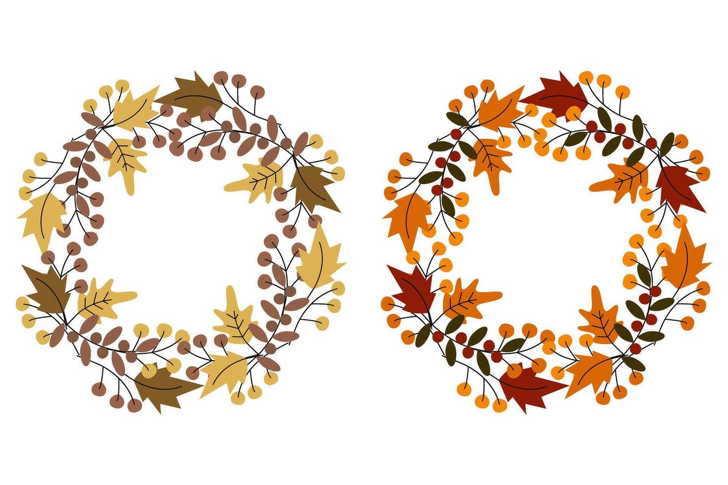 Circle frames of leaves and twigs in trendy autumn shades Set of 2 Copy space Template for lettering Isolate EPS design concept for Thanksgiving greetings or cards, print, shirt, banner, poster vector