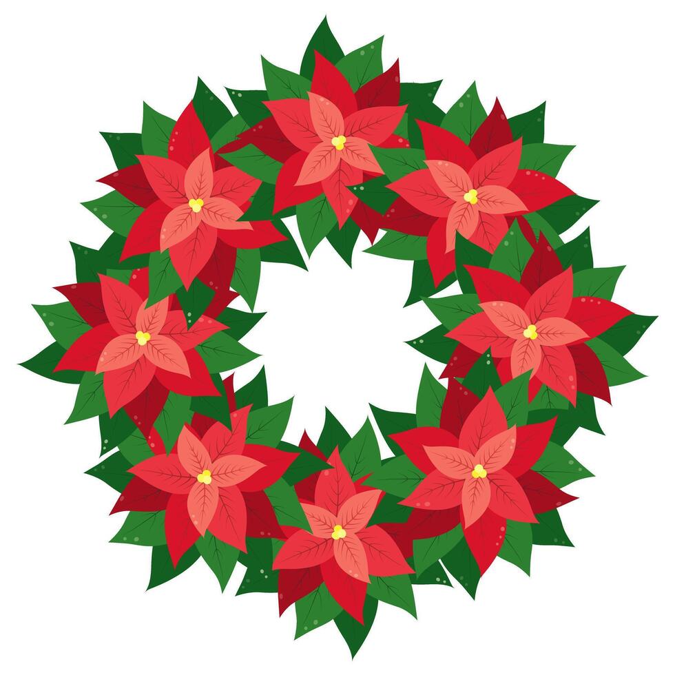 Poinsettia Flower Circle Frame border in trendy bright tint. New Year or Christmas greeting template. Isolated illustration Cards, poster, banner, brochure, price tag, label, promo or web idea vector