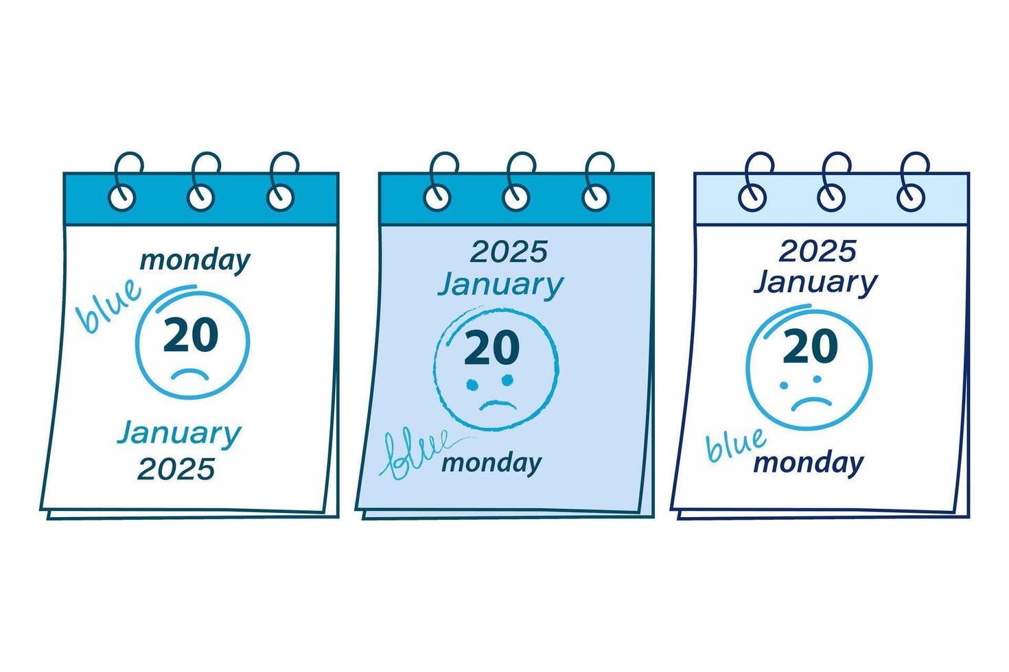 Calendar pages on a spring with the date 2025, January 20 sad emoticon and hand lettering blue Set 3. Isolate EPS. Cards, poster, banner, brochure, price tag, label or web, promo design concept vector