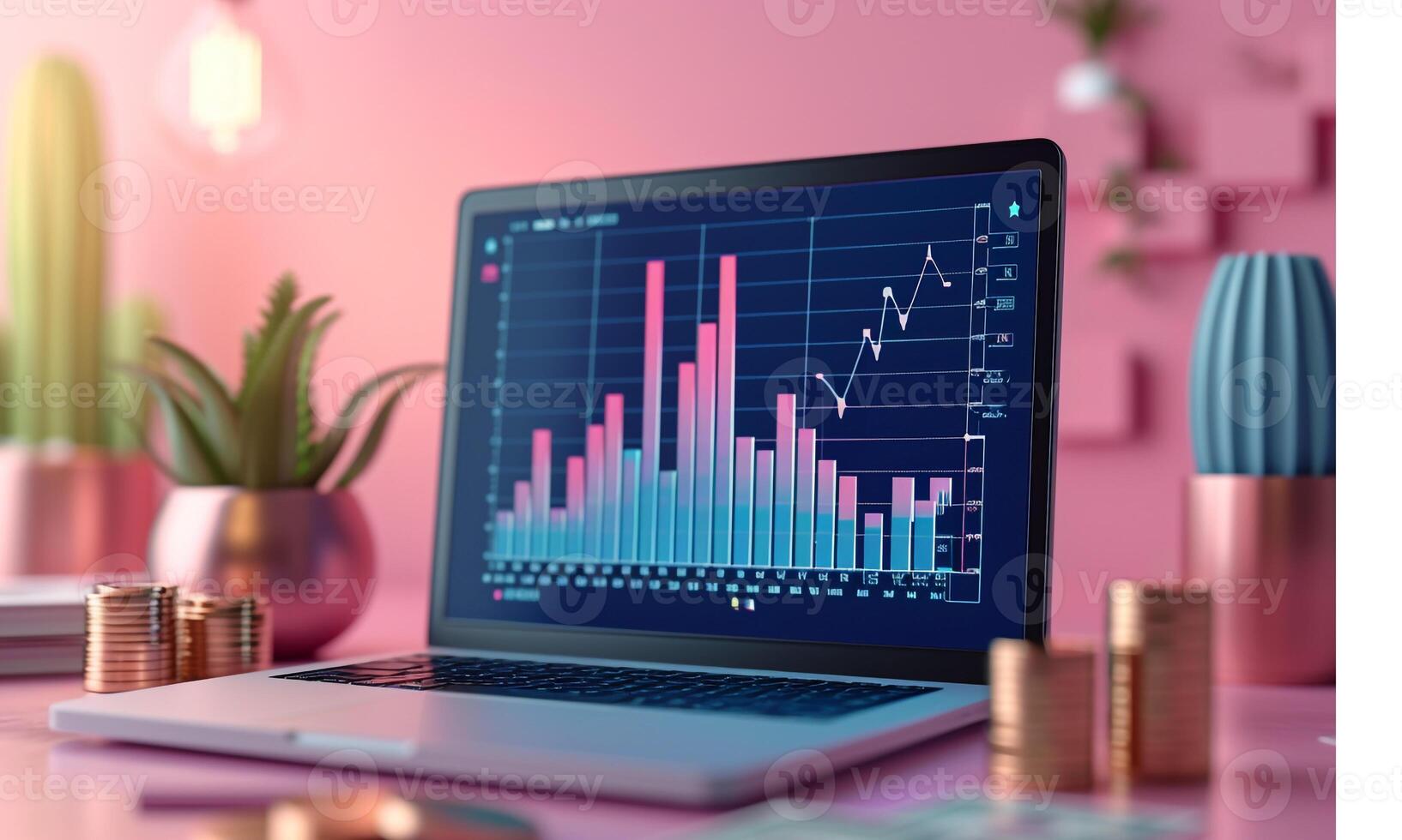 3d laptop with bar graph for business analysis photo