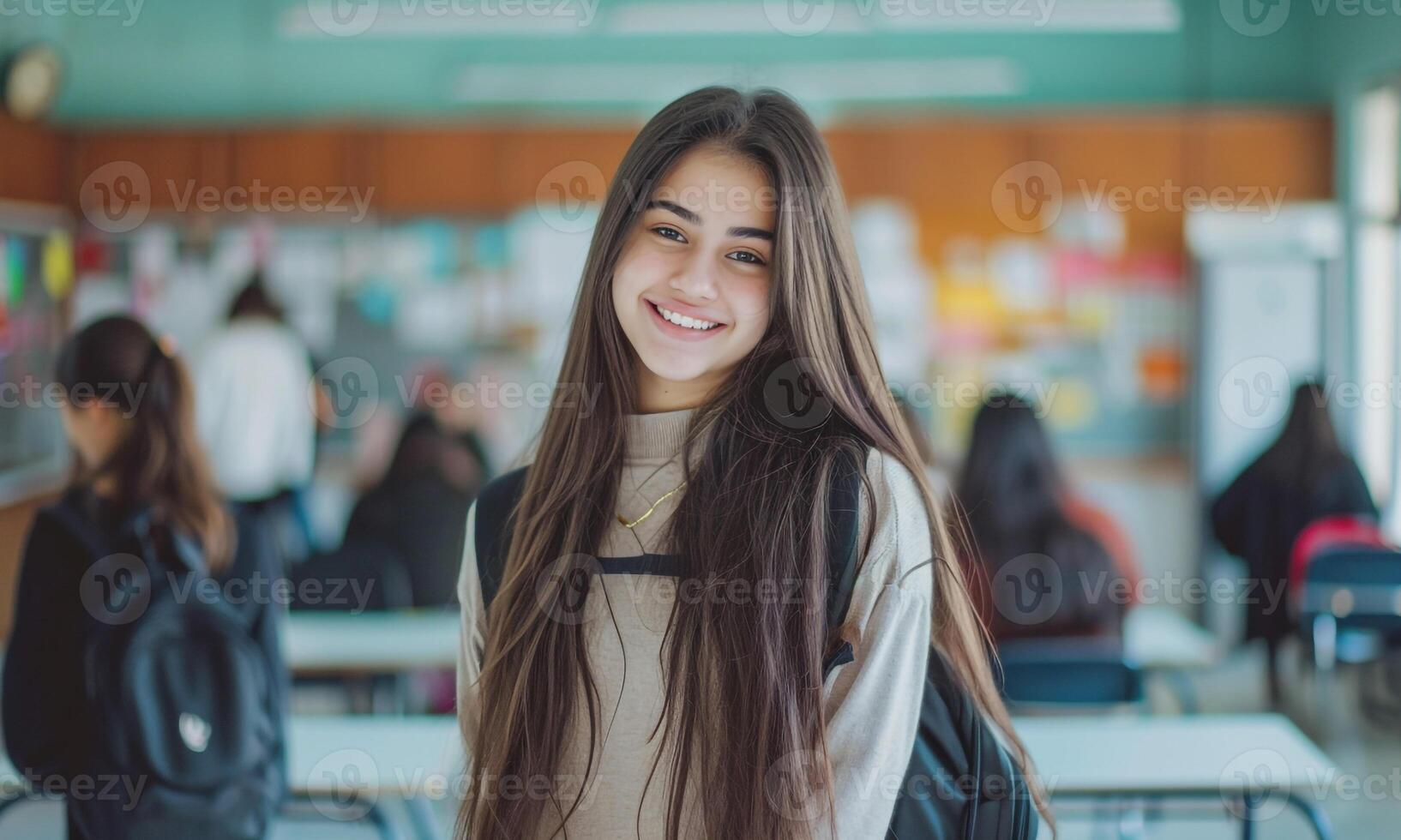 beauty girl college in her classroom photo