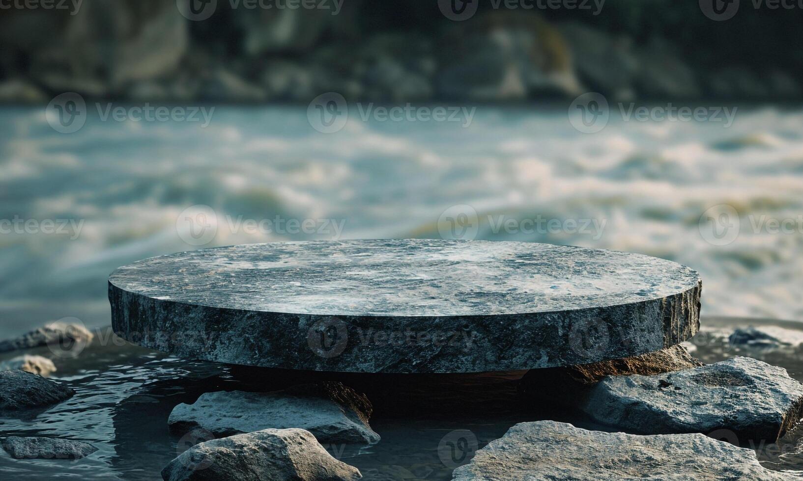 podium stone with river background photo