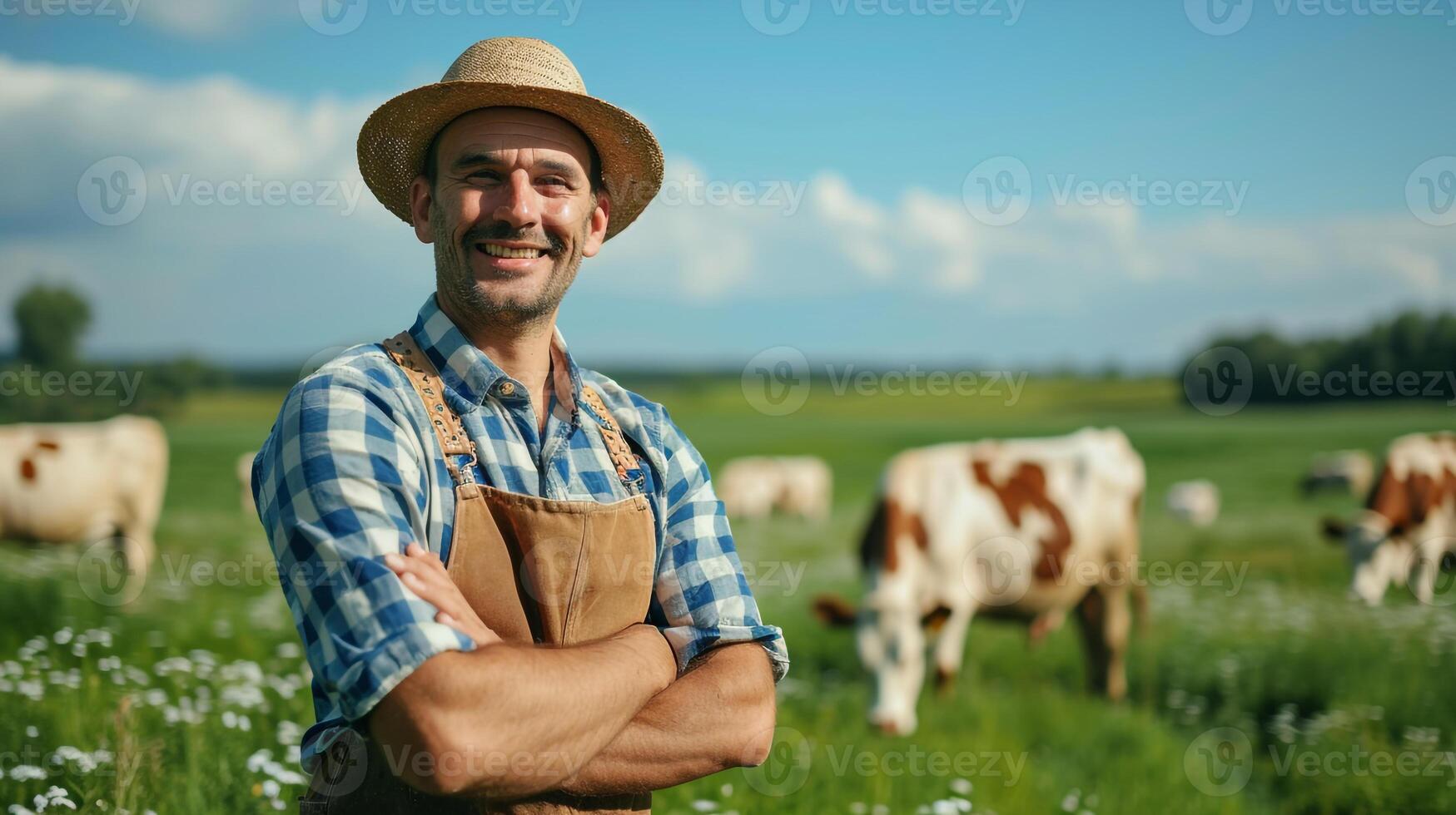 close up middle age farmer with his cow photo