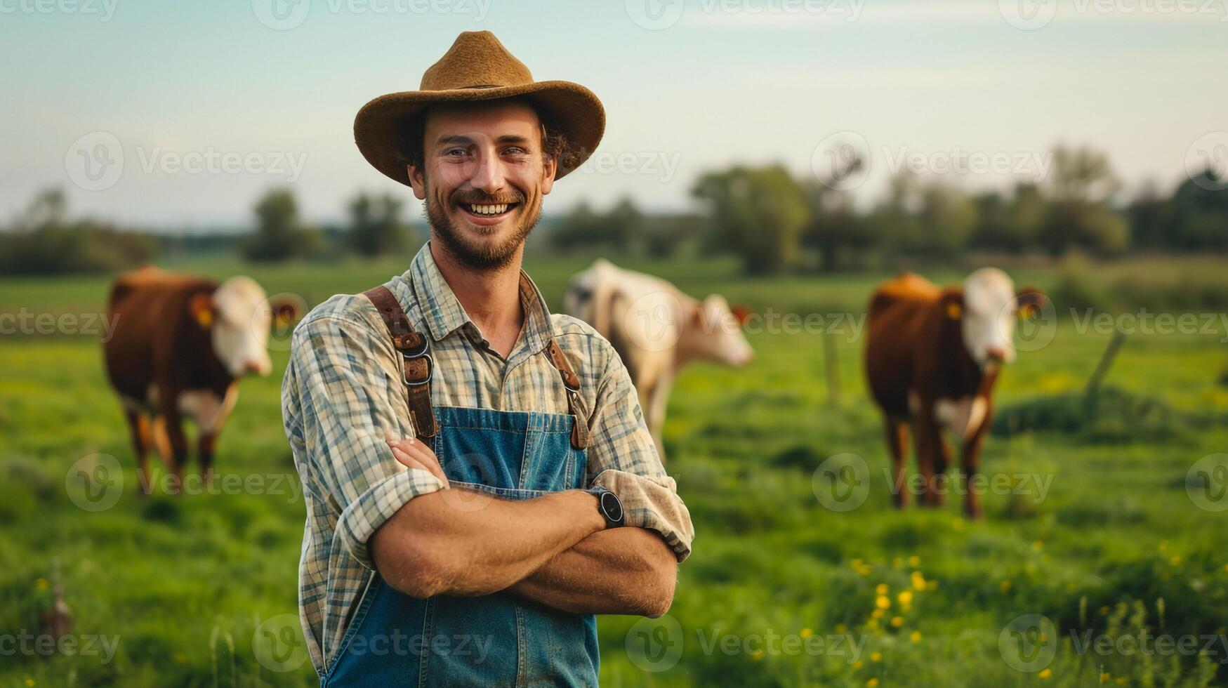 photo of happy farmer with his cow in field