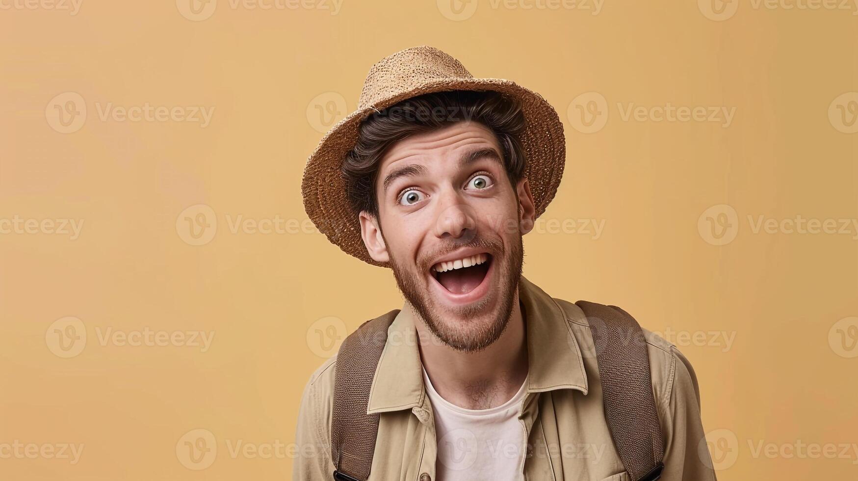 happy traveler man ready for vacation copy space background photo