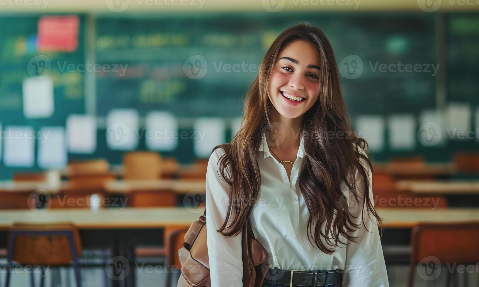 a happy young girl college photo classroom background