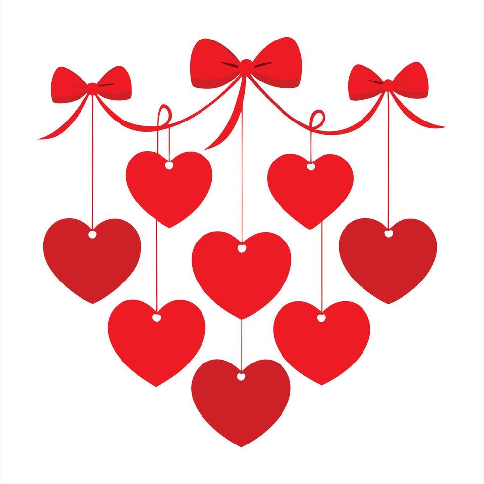 Valentine Red Textured Hanging Hearts with Bows . vector