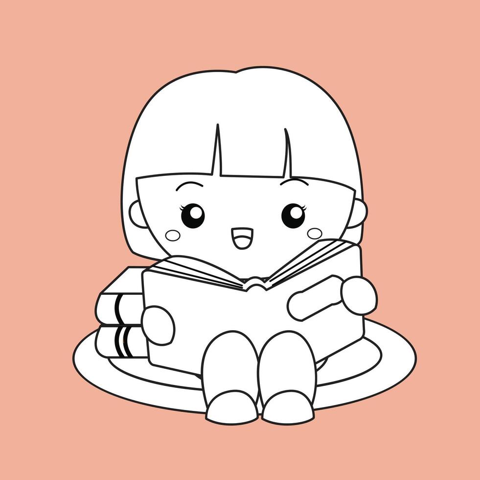 Cute Kids Daily Routine Reading a Book Activity Cartoon Digital Stamp Outline vector