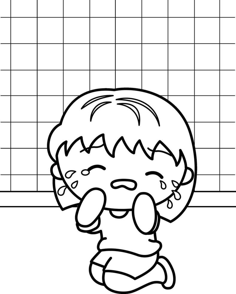 Cute Kids Activity Crying Sad Upset Expression Cartoon Coloring Set vector