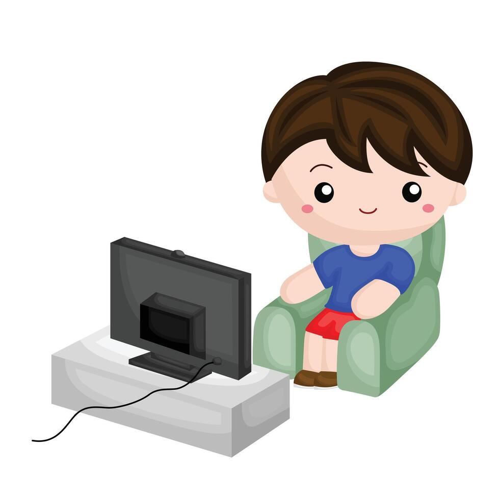 Cute Kids Daily Routine Activity Watching Television Cartoon Illustration Clipart Sticker Decoration Background vector