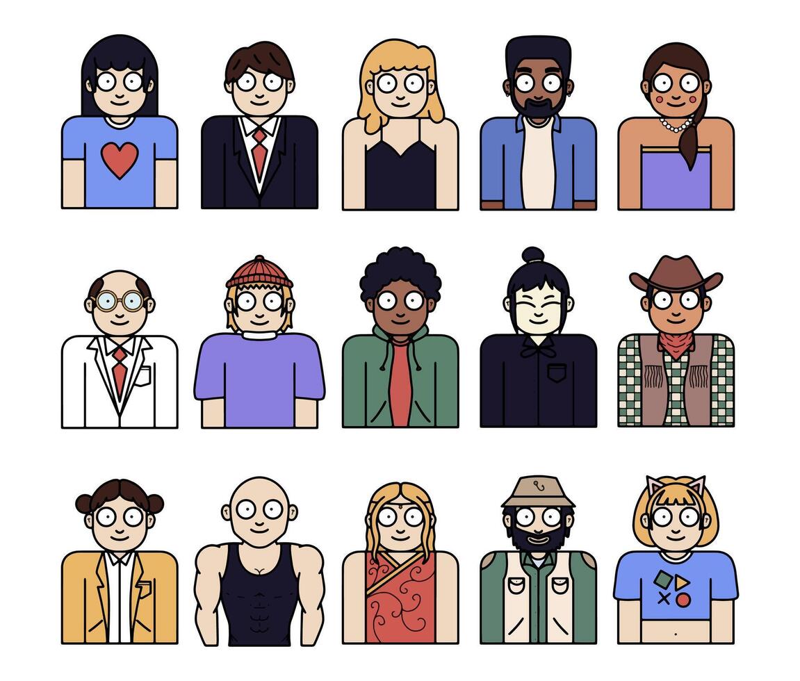 A set of 15 diverse cartoon characters with different outfits, hairstyles, and accessories. Great for avatars, game characters, and creative projects, featuring unique and colorful designs. vector