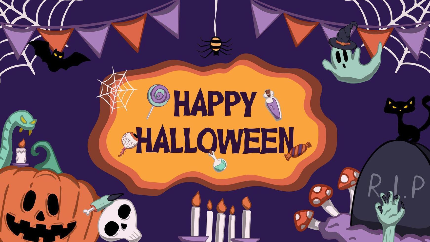 A spooky Halloween themed background featuring playful illustrations of pumpkins, ghosts, spider webs, and creepy decorations. Ideal for party invitations, banners, or festive digital designs. vector
