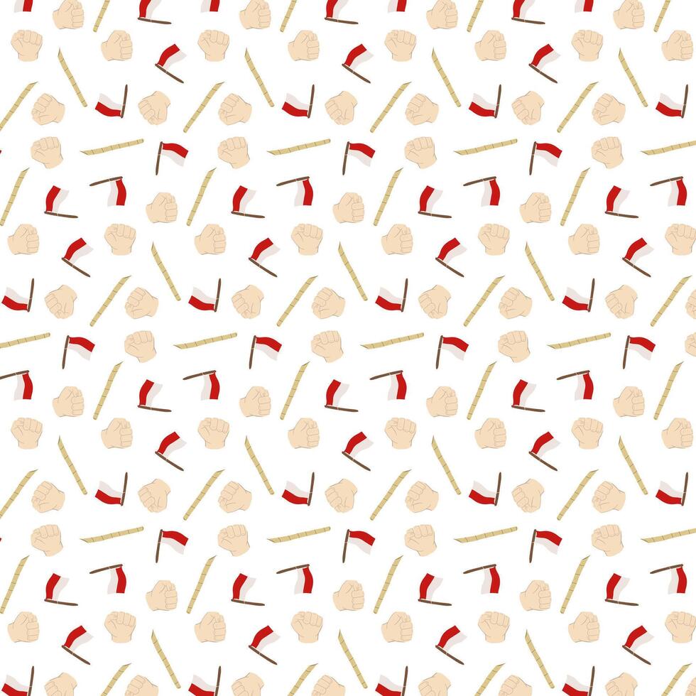 Indonesian independence themed background, has a picture of a hand, Indonesian flag, and sharpened bamboo. Suitable for Indonesia independence day themed. vector