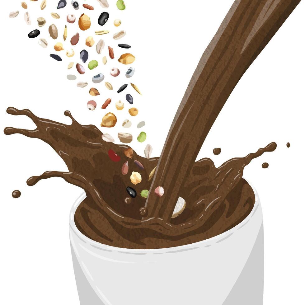 Chocolate milk being poured into a glass with grains and seeds swirling in the mix, creating a rich and textured look. Perfect for food and beverage design, or health-focused products. vector