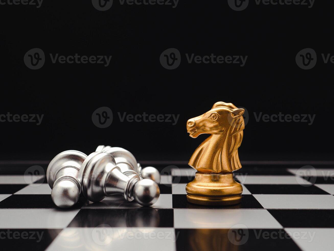 Chess pieces on board game planning and competition on black background photo