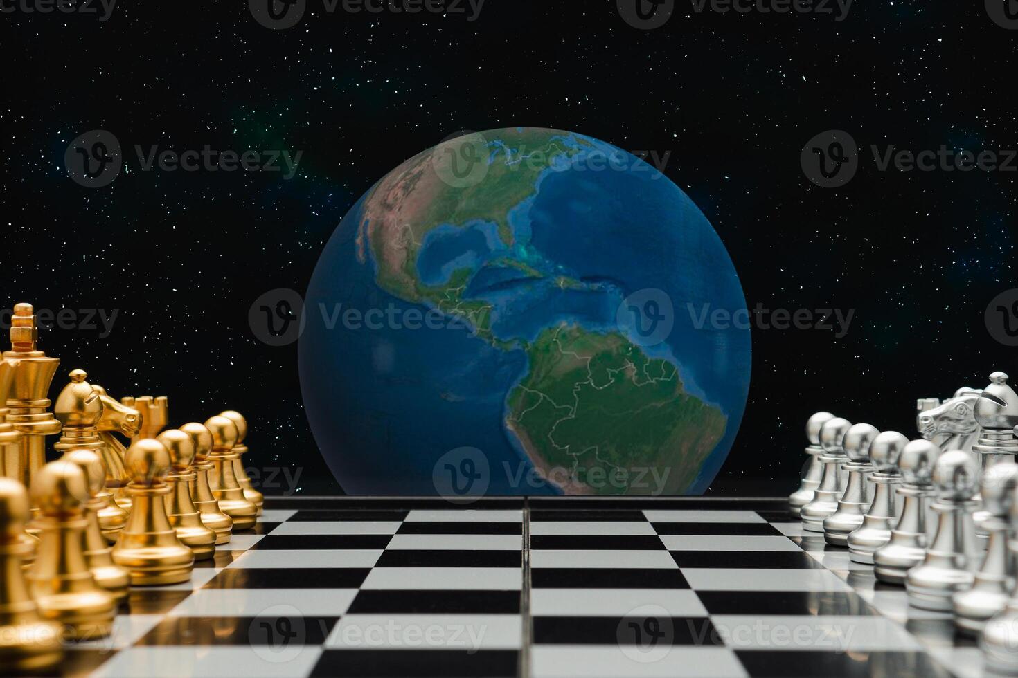Chess pieces on a board game with the world and space background photo