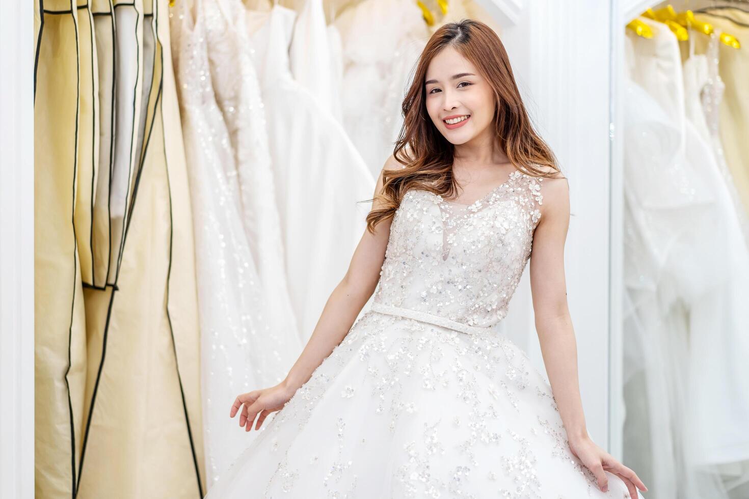 Portrait of beautiful asian bride happy, woman in wedding day posing, enjoying the celebration, Happy woman in wedding day theme concept photo