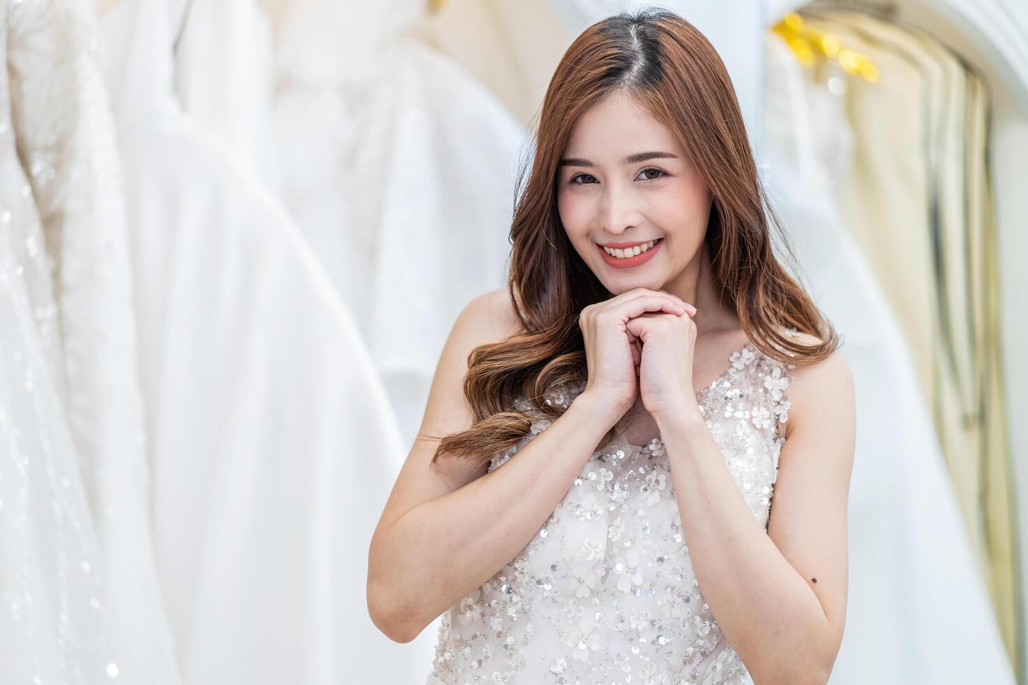 Portrait of beautiful asian bride happy, woman in wedding day posing, enjoying the celebration, Happy woman in wedding day theme concept photo