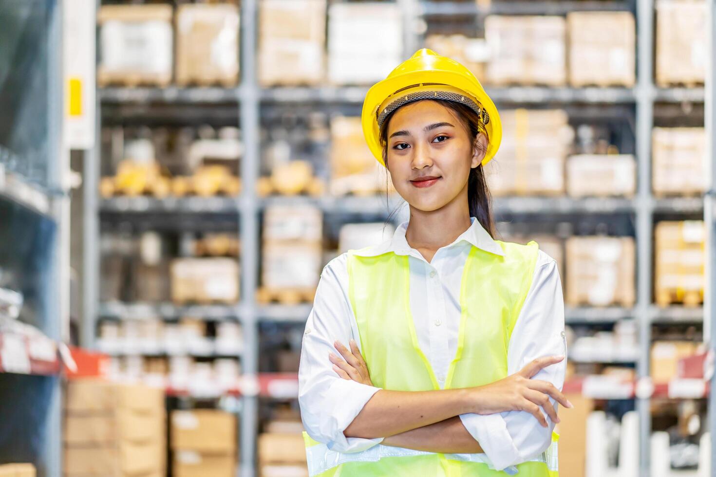 Portrait of the asian Female Worker Standing and Smiling Charmingly and crossing arms in storage warehouse. Woman Posing with Rows of Shelves Full of Cardboard Boxes and Parcels Ready for Shipment photo