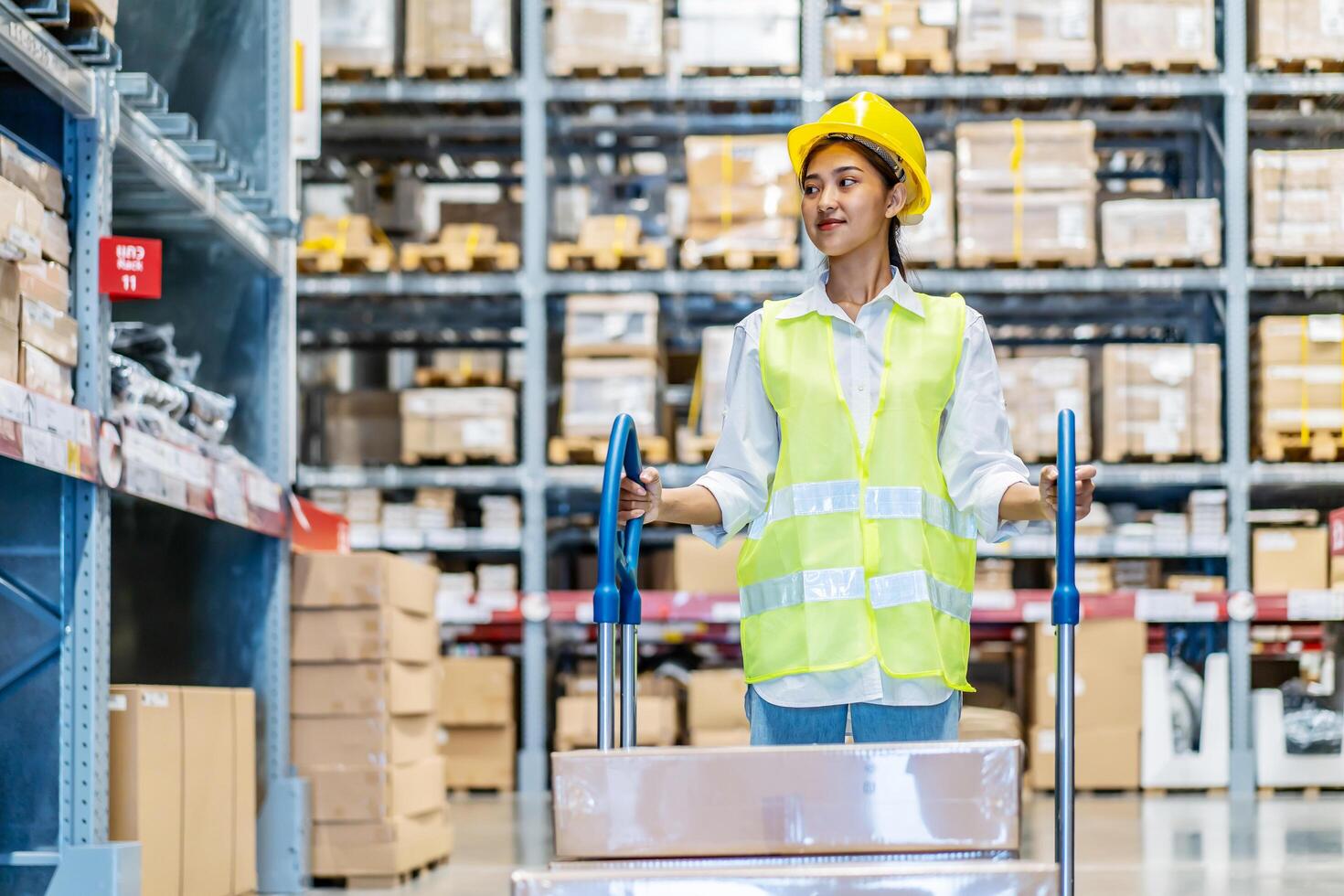 Portrait of employee female warehouse professional worker in uniform working in inventory with stacked up shelves in logistics center factory, Warehouse operation carry carton box keep in the shelf photo