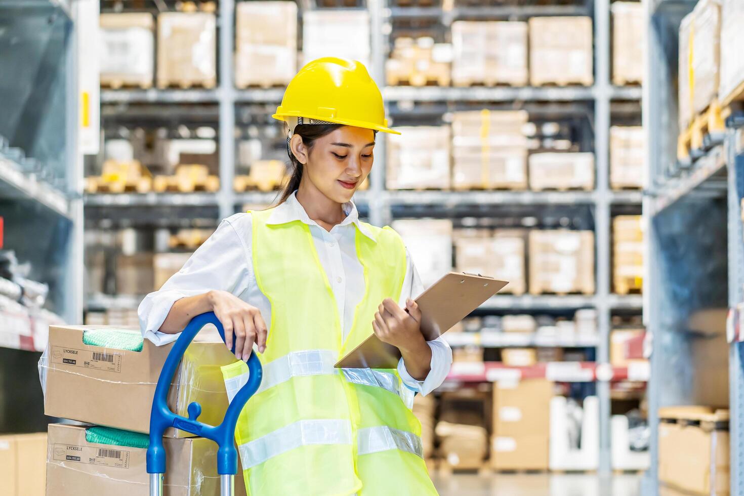 Employee female warehouse worker in uniform working in inventory with stacked up shelves in logistics center factory, woman is checking a customer order to prepare the goods for delivery. photo