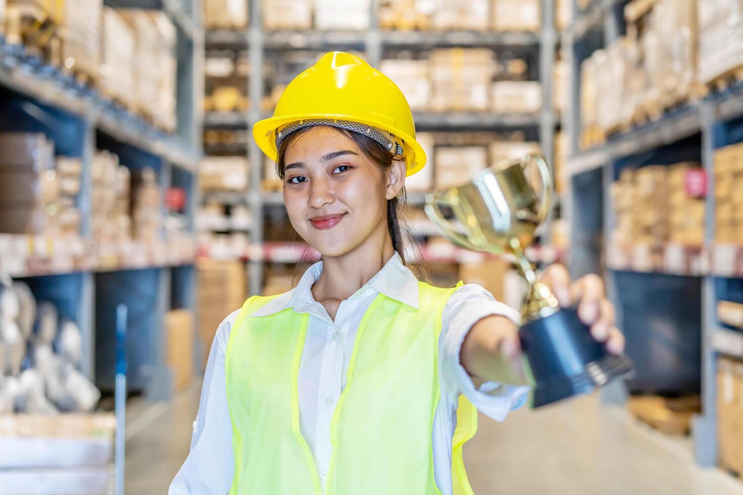 Happy asian young woman warehouse worker holding a trophy after being selected as an outstanding employee, business success photo