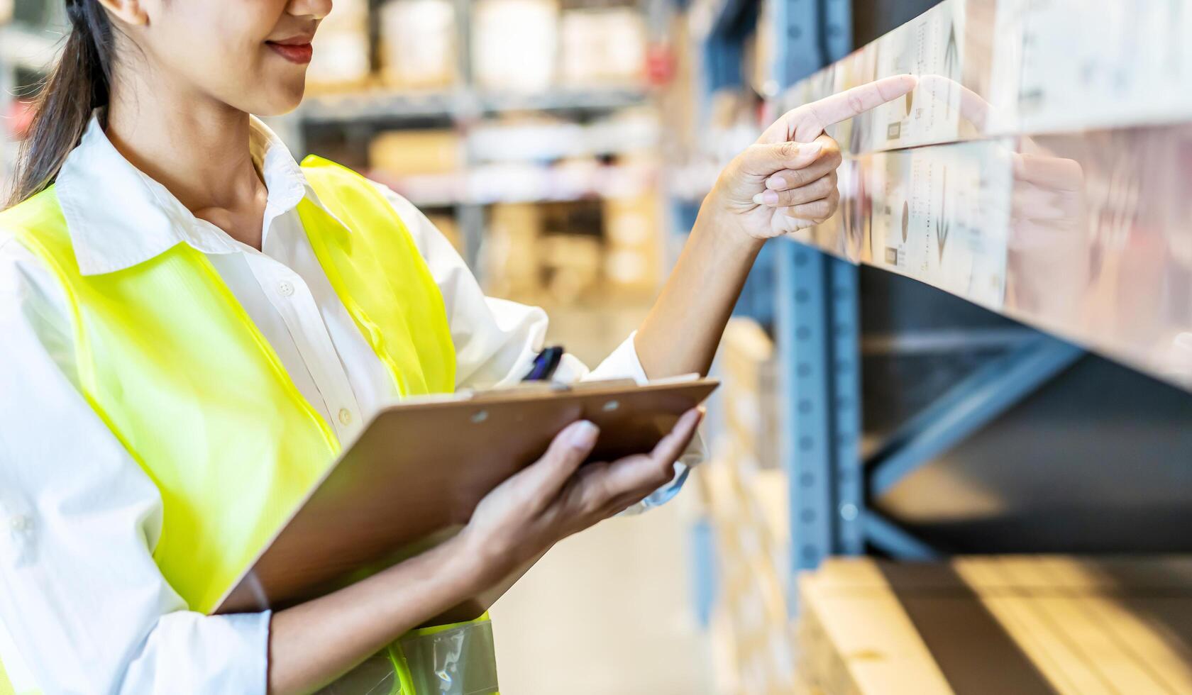 Asian manager woman doing stocktaking of products management in cardboard box on shelves in warehouse using clipboard file and pen. Female professional assistant checking stock in factory. photo