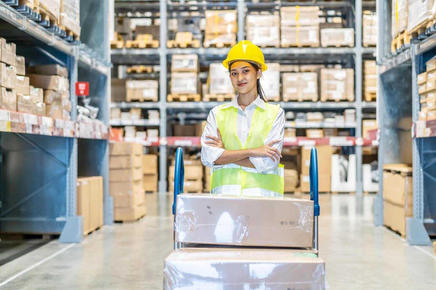 Portrait of the asian Female Worker Standing and Smiling Charmingly and crossing arms in storage warehouse. Woman Posing with Rows of Shelves Full of Cardboard Boxes and Parcels Ready for Shipment photo