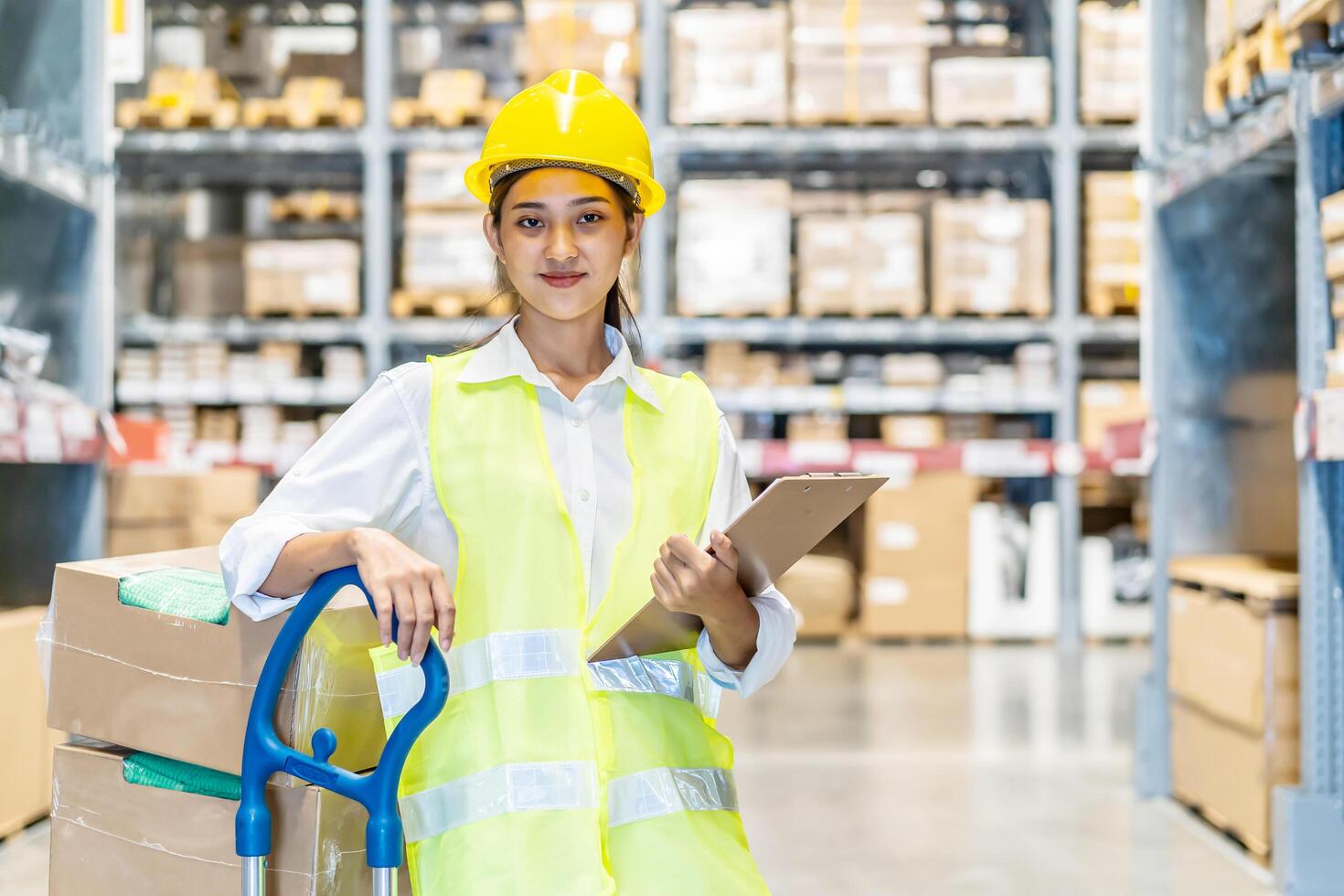 Employee female warehouse worker in uniform working in inventory with stacked up shelves in logistics center factory, woman is checking a customer order to prepare the goods for delivery. photo