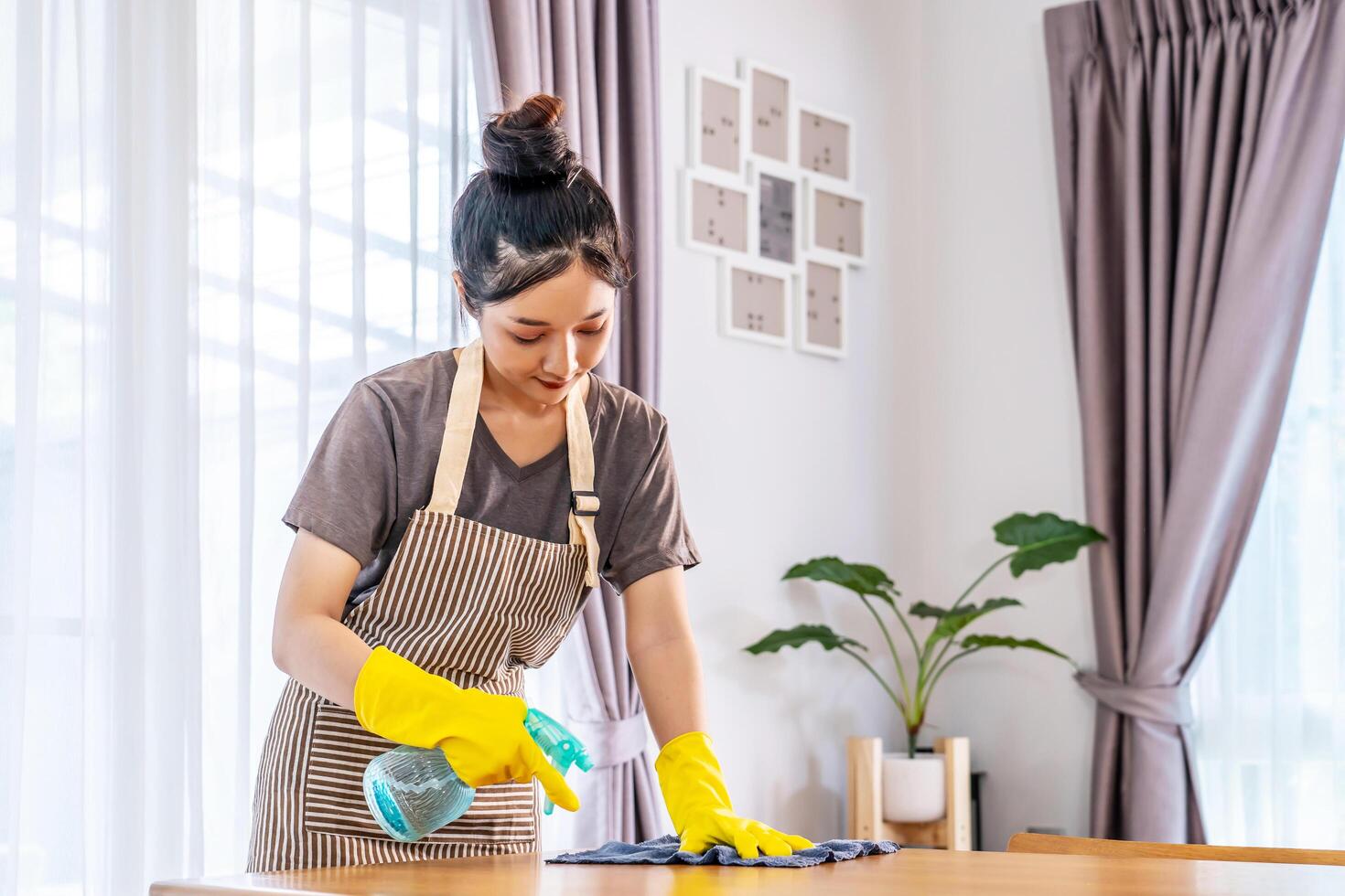 Young asian woman in gloves and apron polishing or wiping wooden table, detergent and chemical bottle for dust, bacteria and disinfection, furniture surface and housekeeping maintenance at home. photo