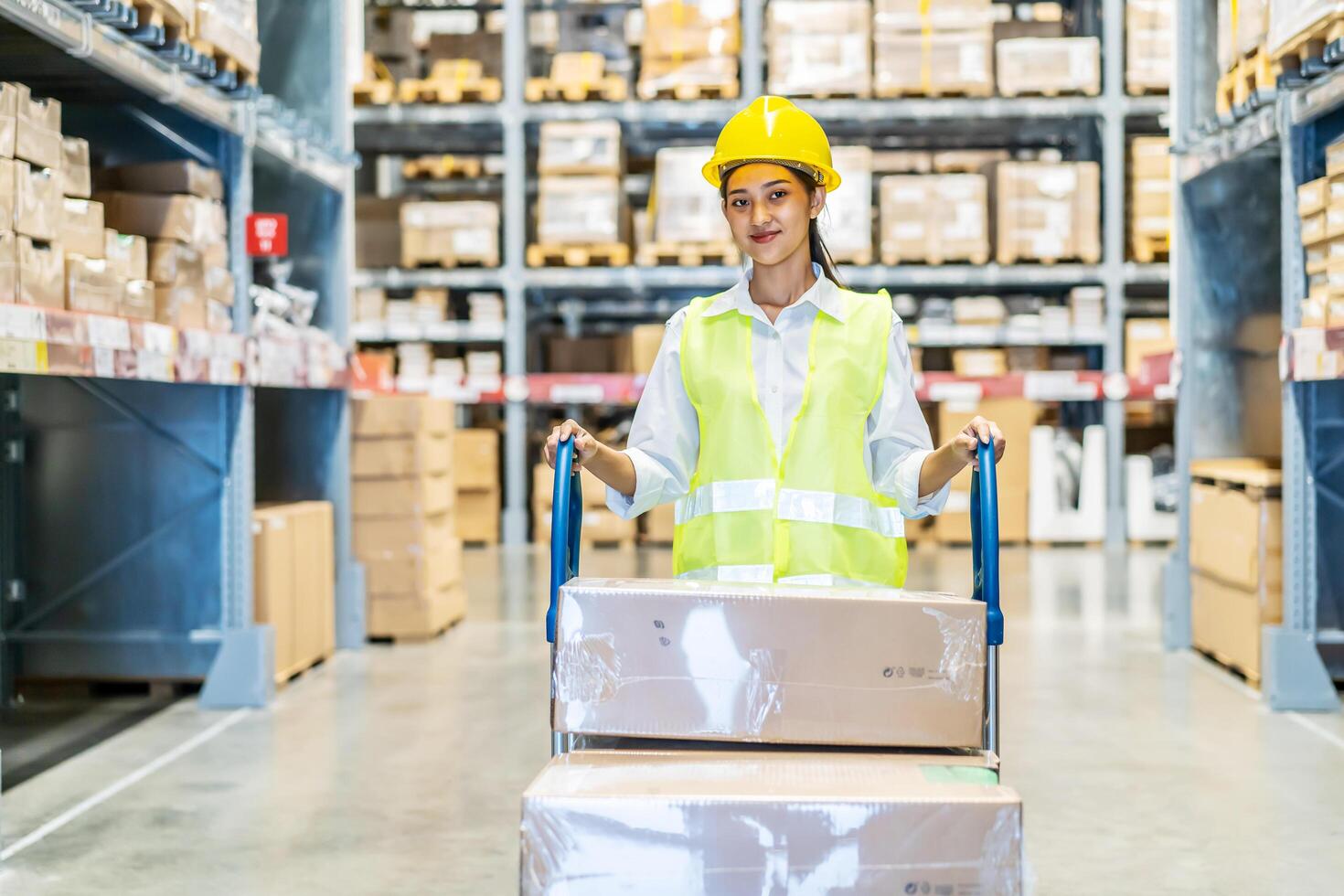 Asian woman warehouse worker in uniform walking through a warehouse while pushing trolley with cardboard boxes ready for delivery, cute girl employee working in stockroom with handcart photo