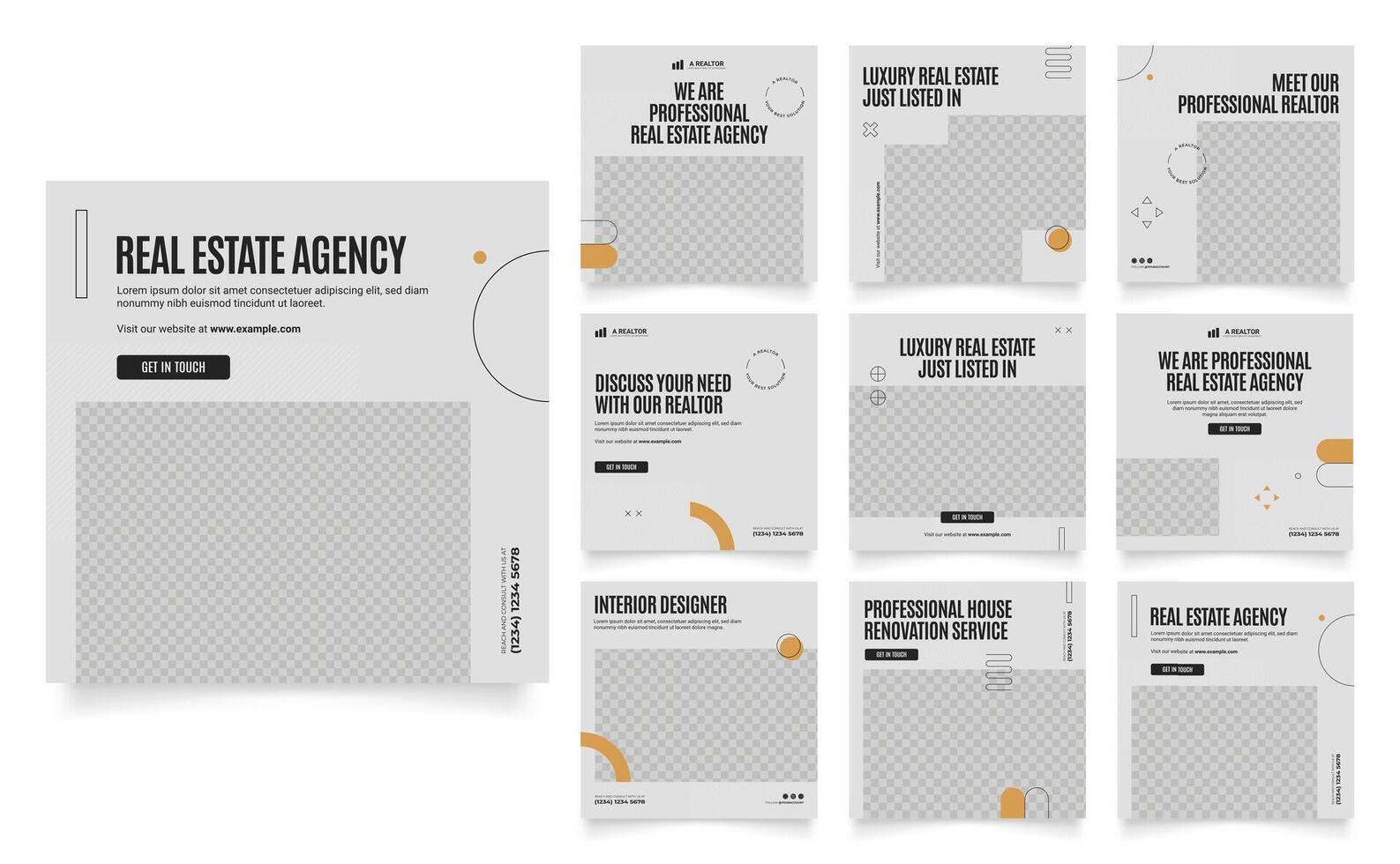 social media template banner real estate property and house sale architecture service promotion. fully editable grey orange square post frame puzzle organic sale poster vector