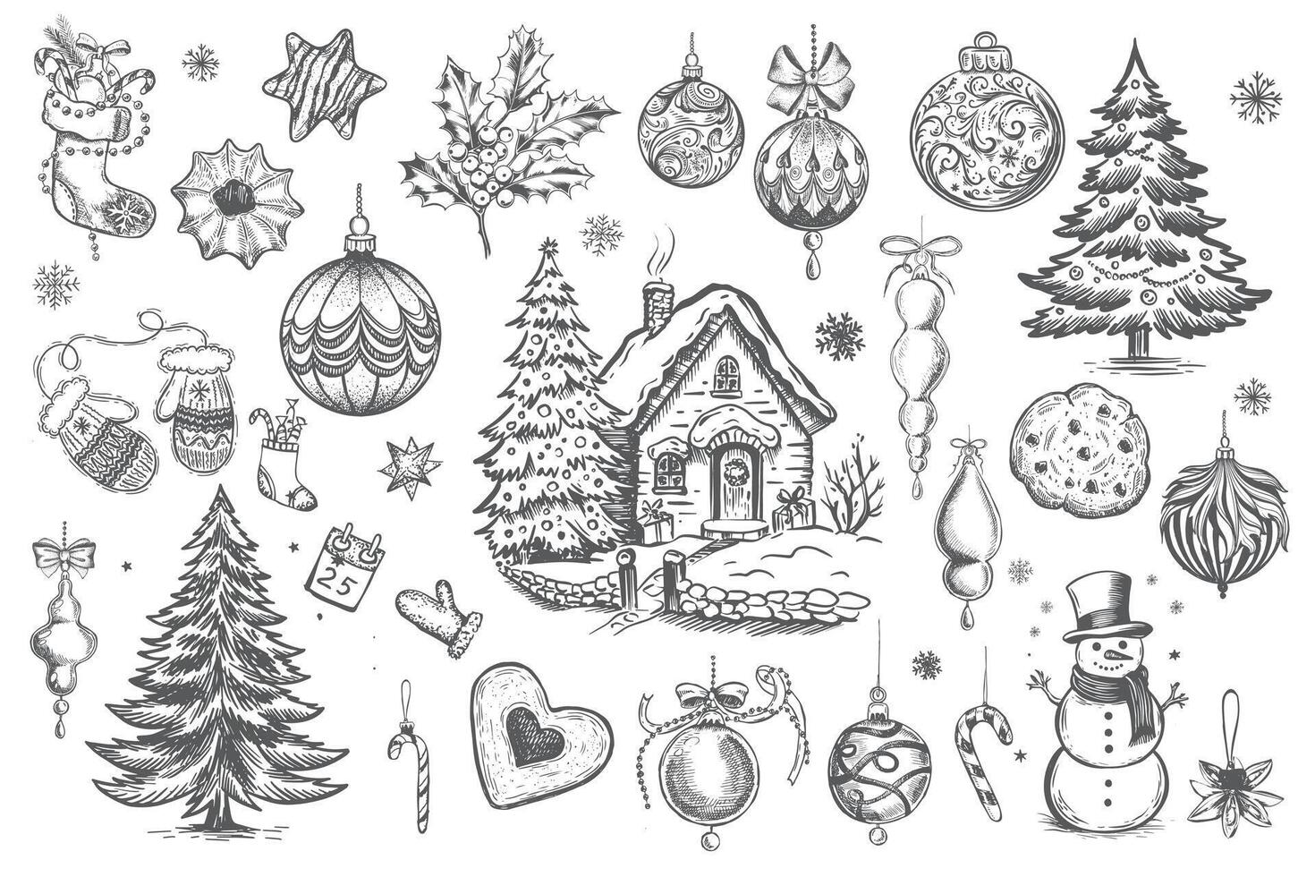 Christmas set with bell, tree, snowman, in sketch style. Hand drawn illustration. vector