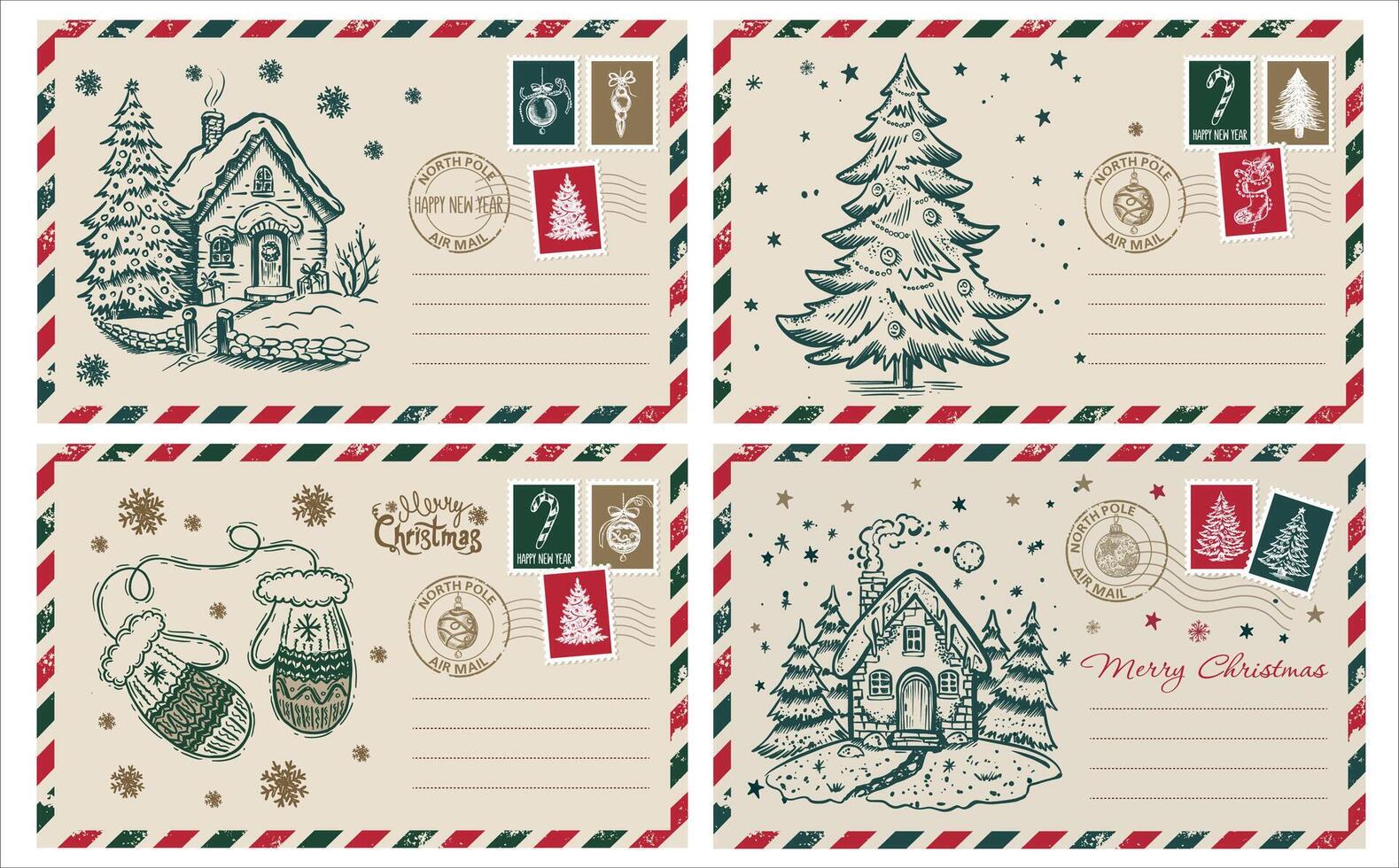 Postcard, Christmas mail with house and tree, hand drawn illustration. vector