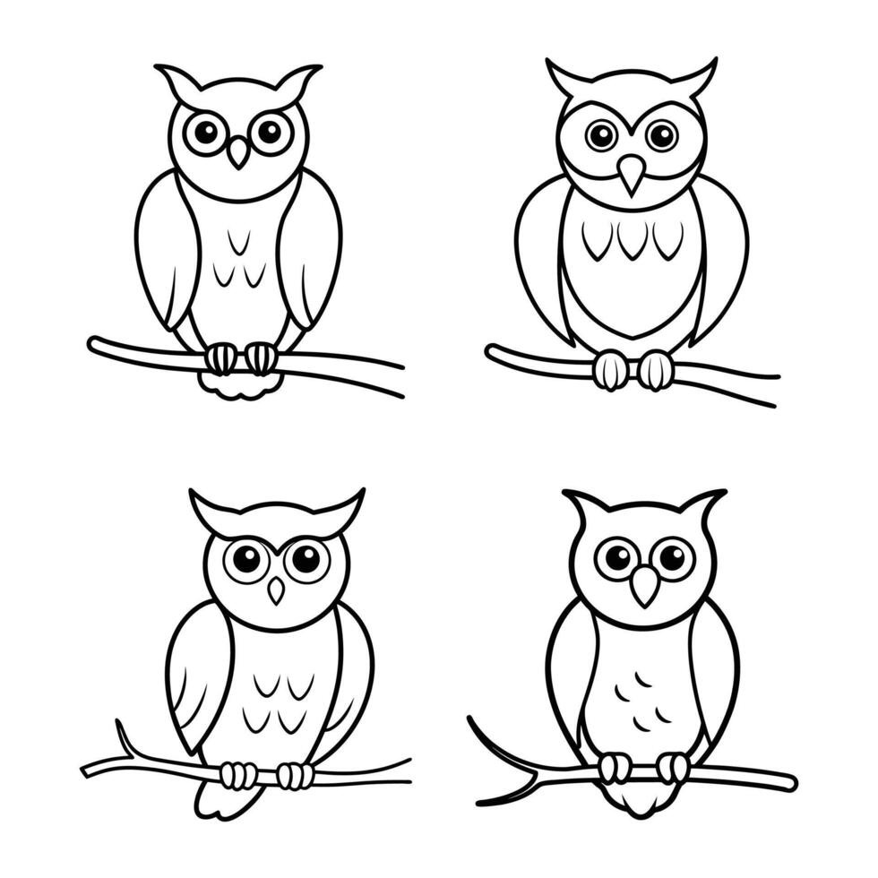 owl on branch Line Art, Outline vector