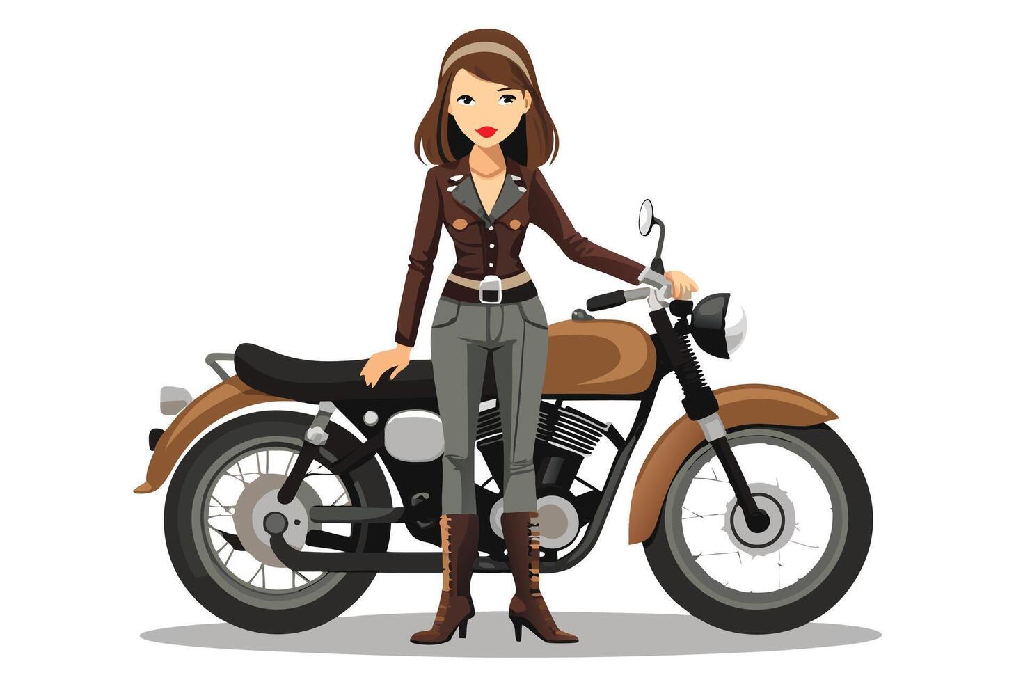 A woman in a leather jacket standing next to a motorcycle vector