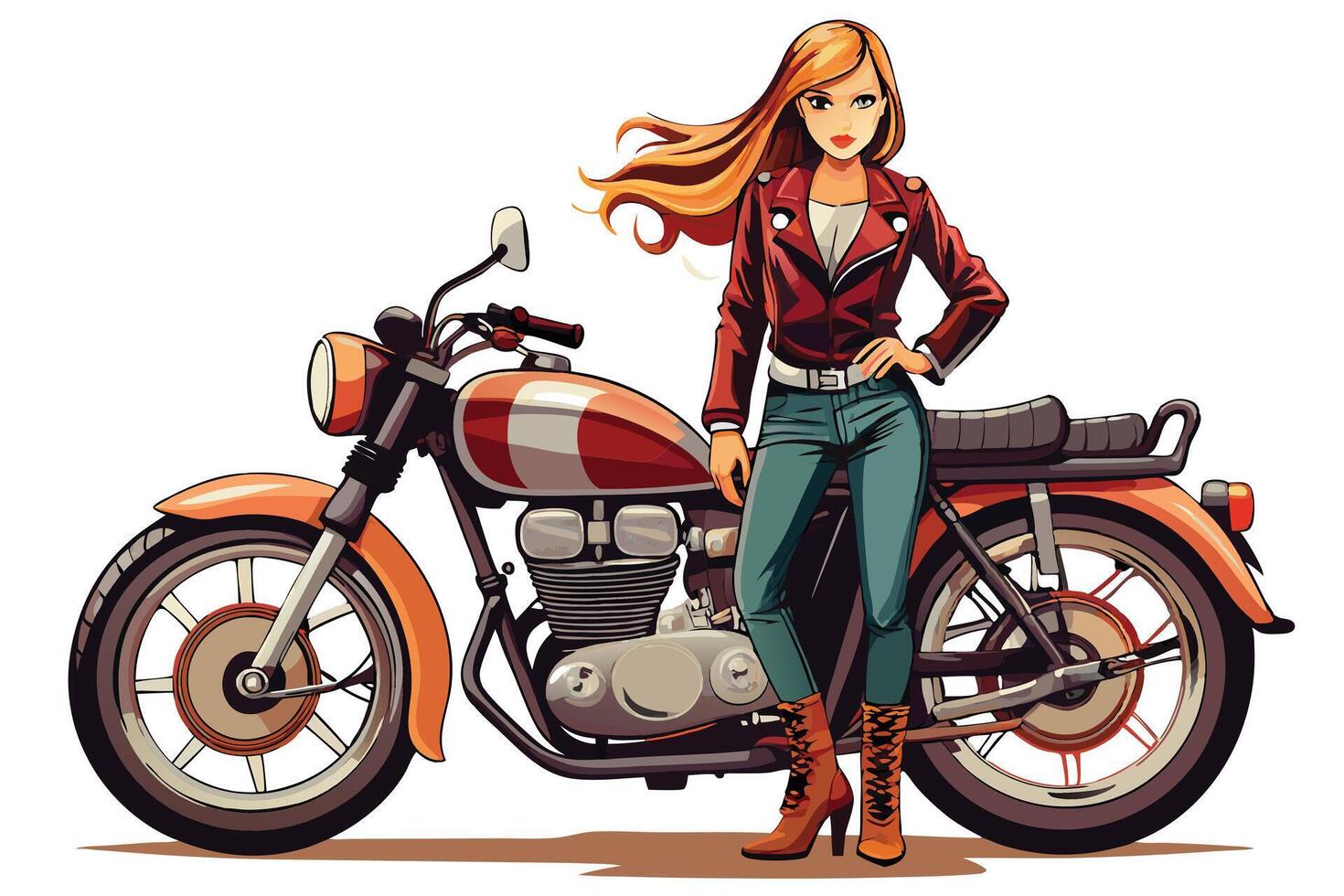 A cartoon girl with long hair standing next to a motorcycle vector