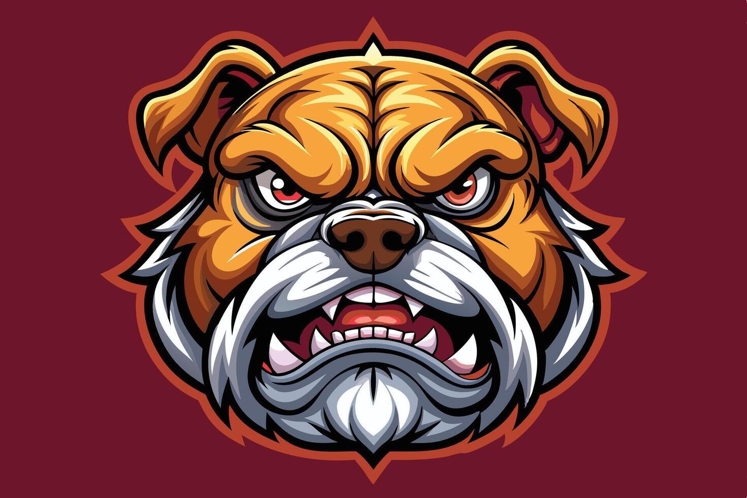 An angry bulldog mascot head on a maroon background vector