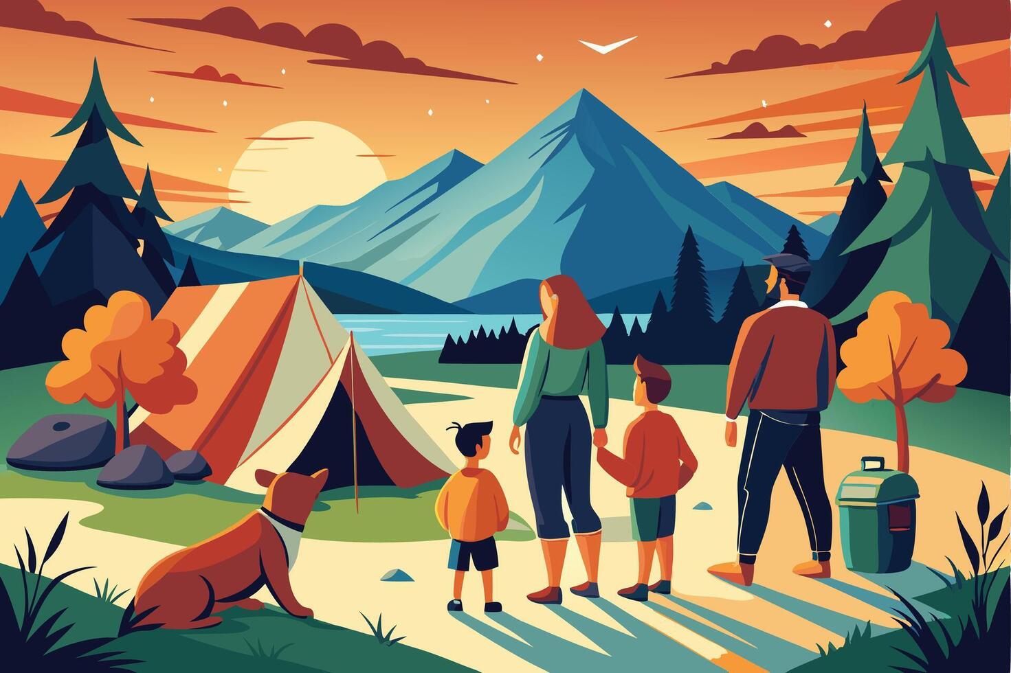 Family camping in the mountains with dog and tent vector