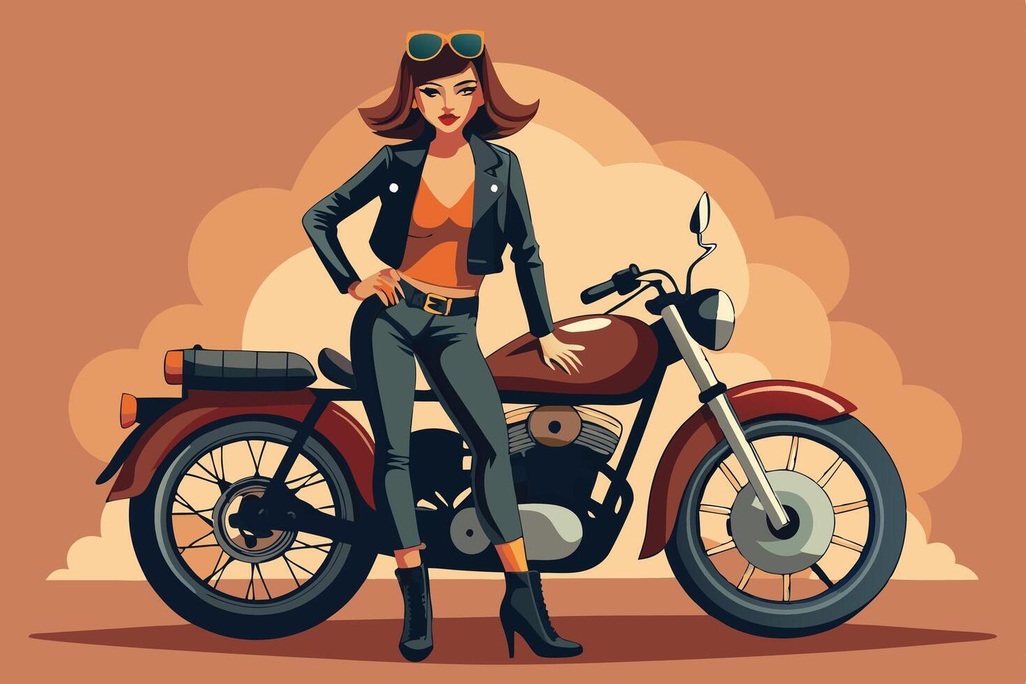 A woman in a leather jacket and sunglasses is standing next to a motorcycle vector