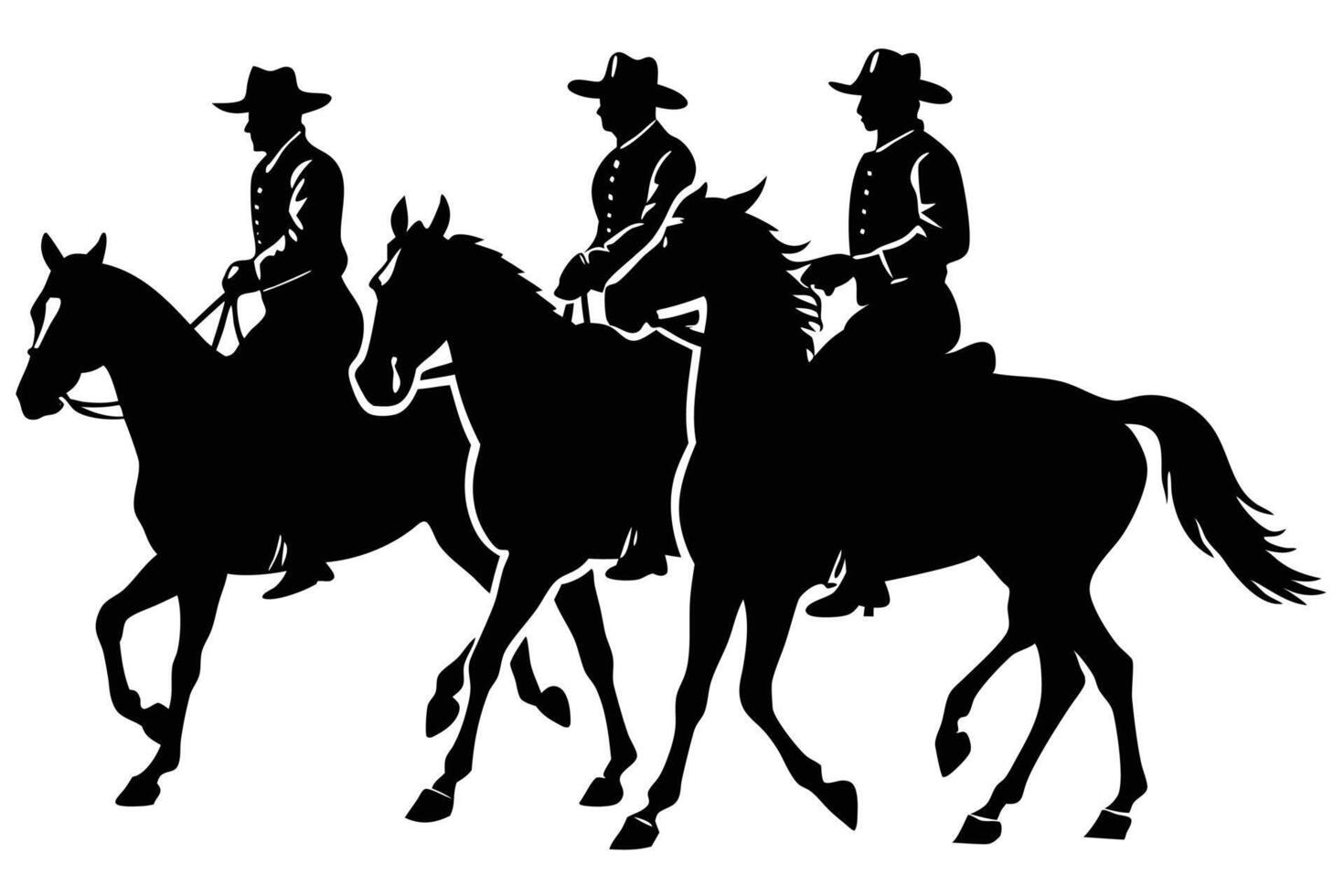 Three men riding horses in silhouette vector