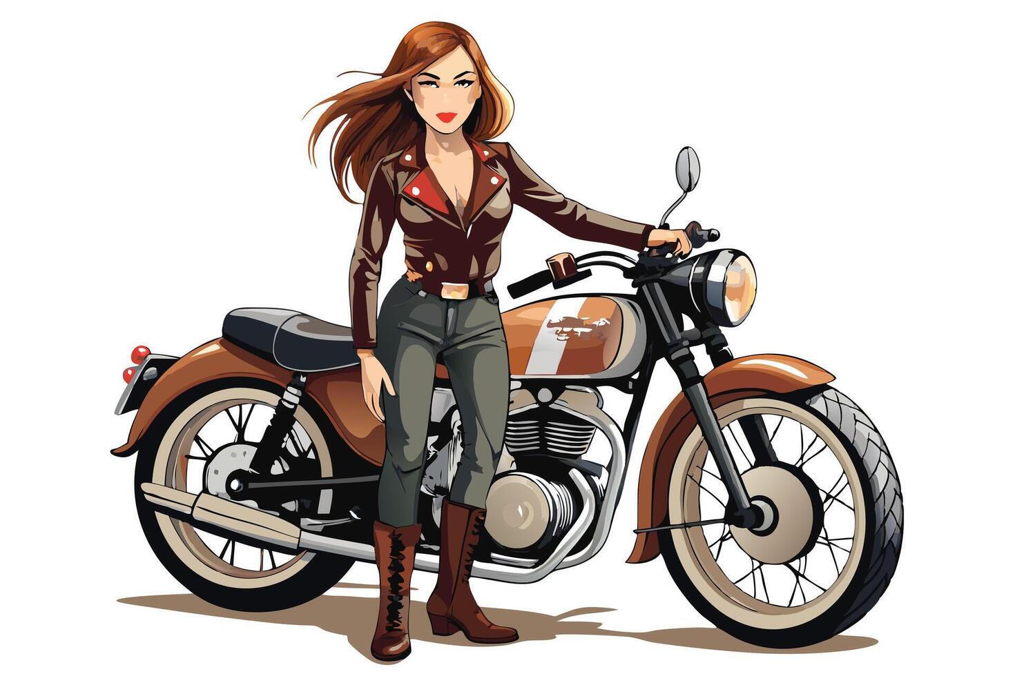 A cartoon woman with a motorcycle on a white background vector