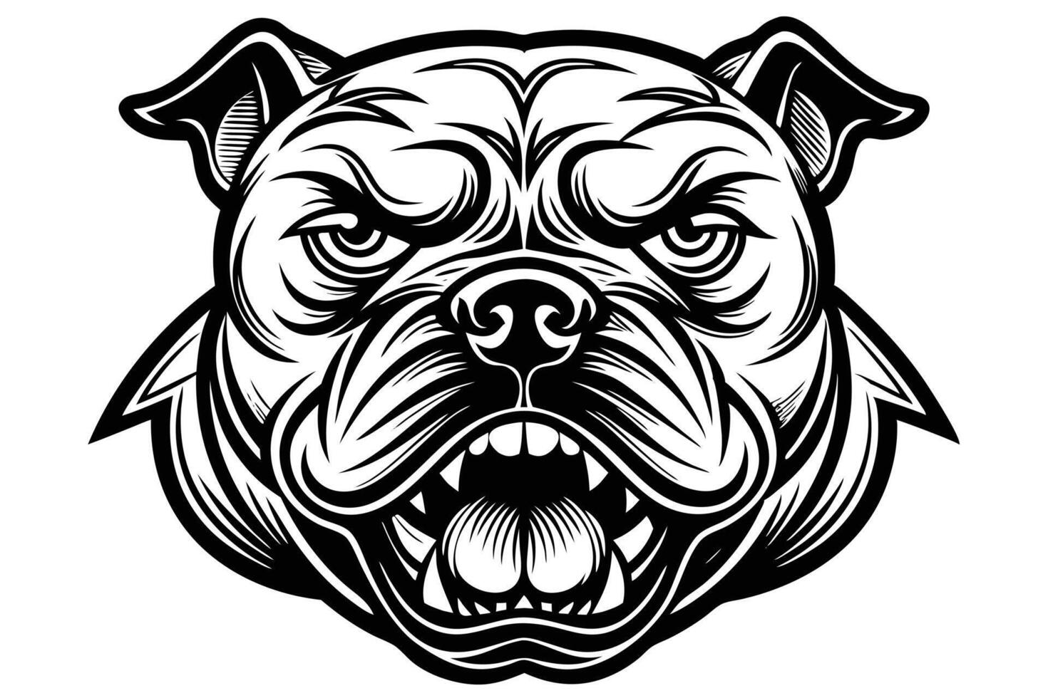 The head of an angry bulldog is shown in a black and white drawing vector